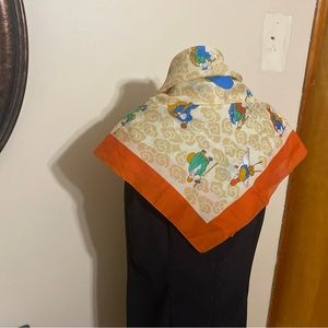 Scarf Asian Design Polyester 27" x 27" Stork, Fish, Staff, warrior Chinese men